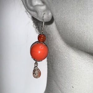 Gum Ball With Orange Ball Drop Ceramic Bead & Silver bead caps Dangling Earring
